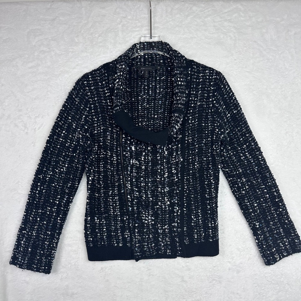 BCBGMAXAZRIA Black White Knit Moto Zip Cardigan Sweater Small Layered Hem